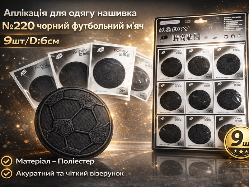 Аплікація для одягу нашивка №220 чорний футбольний м'яч 9шт/D:6см 4820001003034 фото