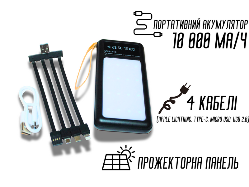 Power Bank Viaking Y158 10000 мАч портативный аккумулятор с прожекторной панелью и 4 кабелями Черный 4820001002750 фото