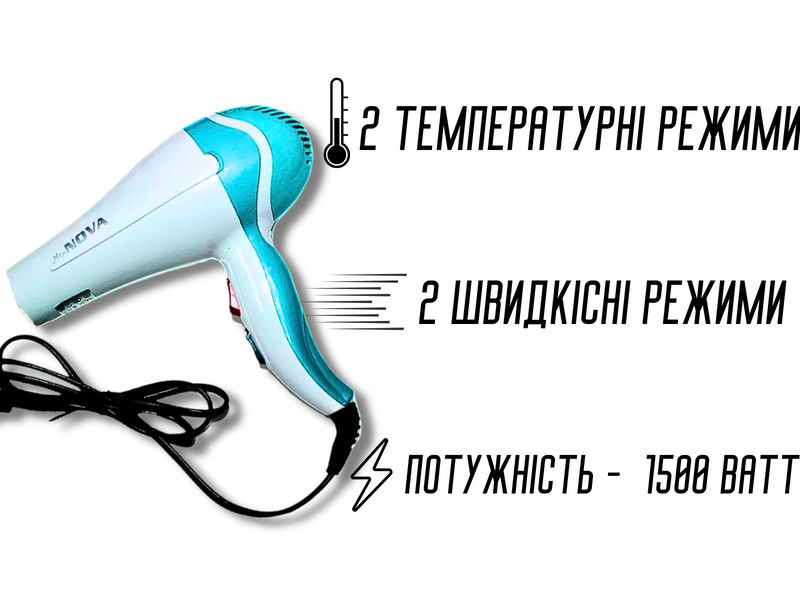 Фен для волос 2 режима нагрева и скорости NOVA NV-9018 /1500W/21см/20см 4820000001098 фото