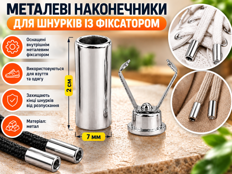 Наконечники для шнурків із фіксатором металеві 2 см х 7 мм Сталевий 4820001003062 фото